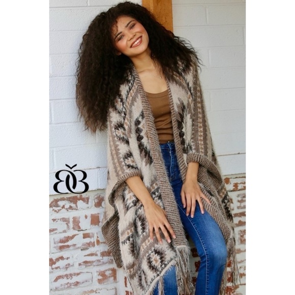 ANGIE Mocha & Taupe Soft Knit Fringed Ruana Sweater Wrap - Picture 7 of 8
